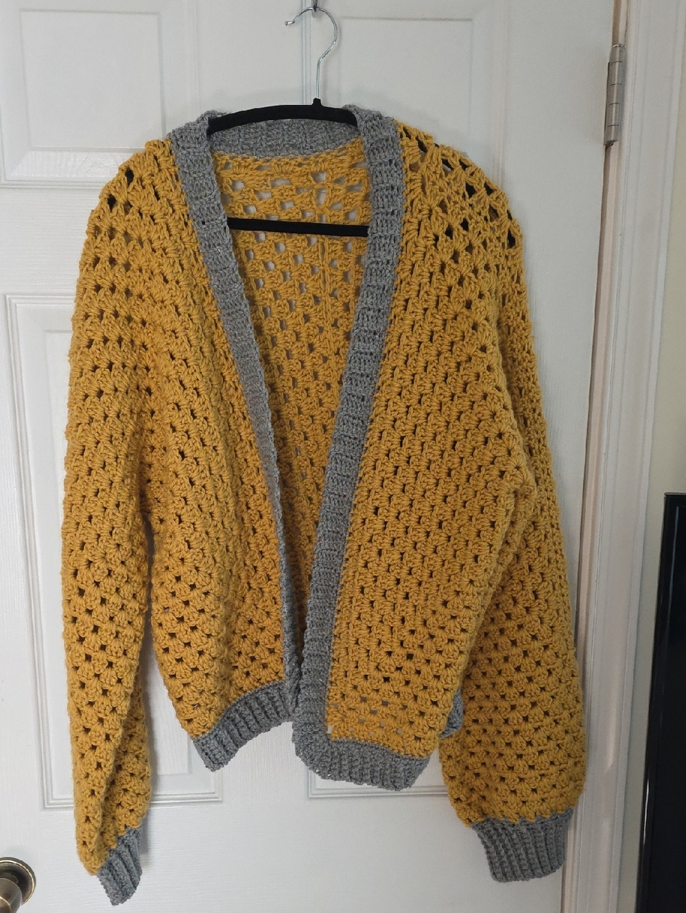 Gray-Trim Mustard Crochet Cardigan Sweater - Women